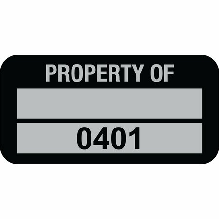 LUSTRE-CAL Property ID Label PROPERTY OF 5 Alum Blk 1.50in x 0.75in 1 Blank Pad&Serialized 0401-0500, 100PK 253769Ma2K0401